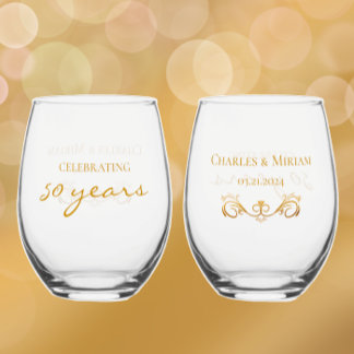 Personalised Golden 50th Anniversary Keepsake Gift Stemless Wine Glass