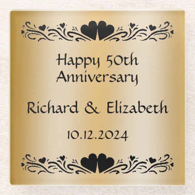 Personalised Golden 50th Wedding Anniversary Gift Glass Coaster (Front)