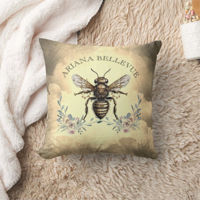 Personalised Golden Bee Floral Cushion (Blanket)