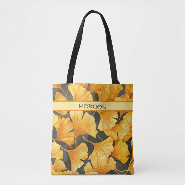 Personalised Golden Ginkgo Leaf Pattern Tote Bag (Front)