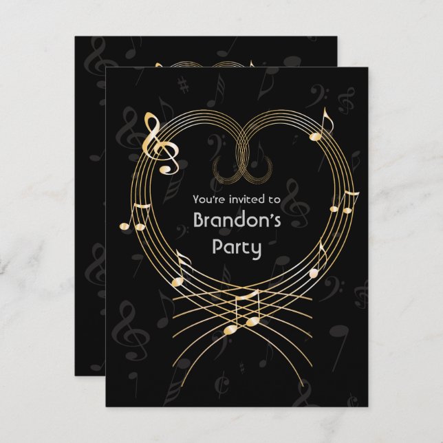 Personalised Golden Heart Musical Notes Birthday Invitation (Front/Back)