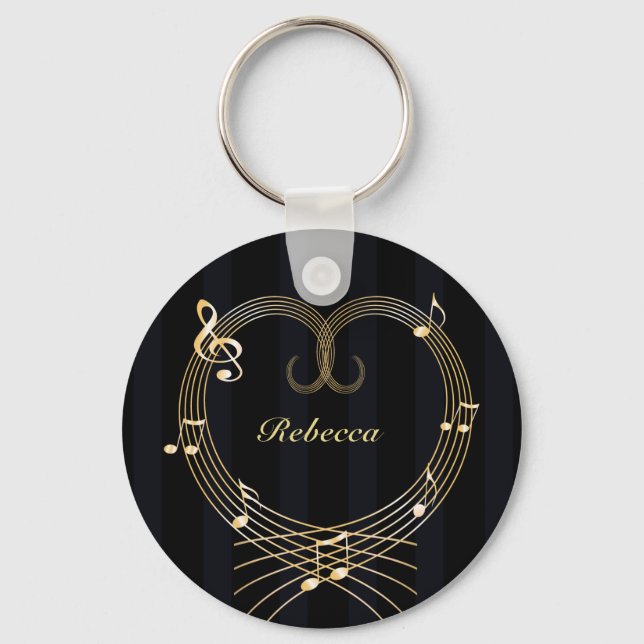 Personalised Golden Heart Musical Notes Key Ring (Front)