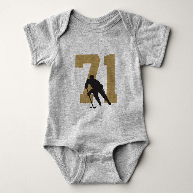 Personalised Golden Hockey Player Number Jersey Baby Bodysuit (Front)