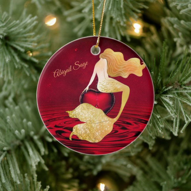 Personalised Golden Mermaid with Red Heart Ceramic Ornament (Tree)