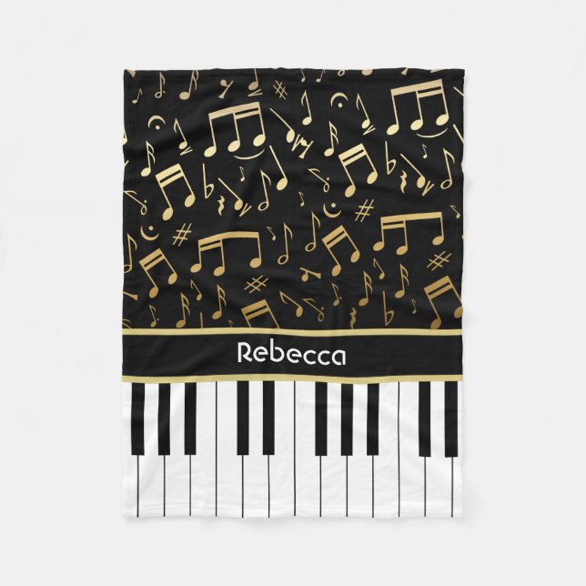 Personalised golden notes and piano keys fleece blanket (Front)