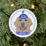 Personalised Golden Retriever Dog Hanukkah Ceramic Ornament<br><div class="desc">Celebrate your favourite mensch on a bench with a personalised ornament! This design features a sweet illustration of a golden retriever dog with a blue and white yarmulke. For the most thoughtful gifts, pair it with another item from my collection! To see more work and learn about this artist, visit...</div>