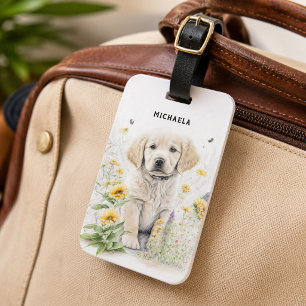 Personalised Golden Retriever Pup in Flowers Luggage Tag