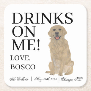 Personalised Golden Retriever Wedding Square Paper Coaster