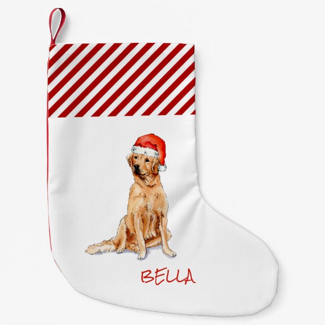 Personalised Golden Retriever with Santa hat   Small Christmas Stocking (Front)