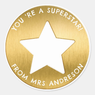 Personalised golden superstar Teacher Reward  Classic Round Sticker