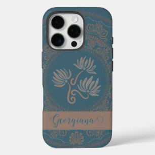 Personalised Golden Teal Rococo Lotus Dot Mandala iPhone 16 Pro Case