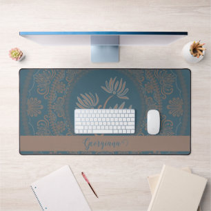 Personalised Golden Teal Rococo Lotus Dot Mandala Desk Mat