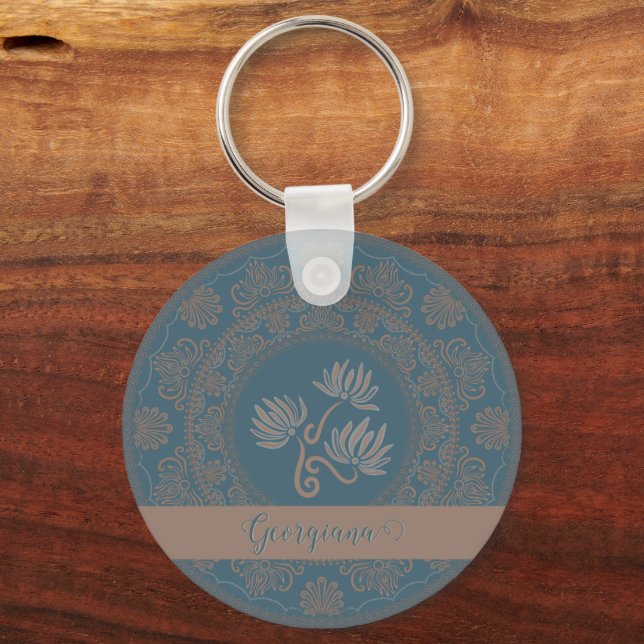 Personalised Golden Teal Rococo Lotus Dot Mandala Key Ring (Front)