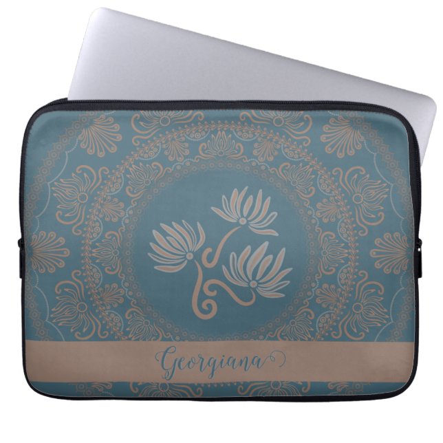 Personalised Golden Teal Rococo Lotus Dot Mandala Laptop Sleeve (Front)