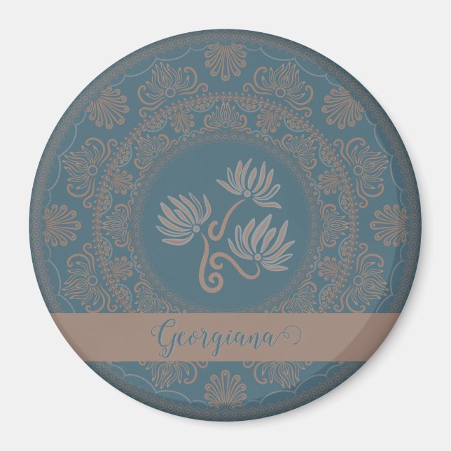 Personalised Golden Teal Rococo Lotus Dot Mandala Magnet (Front)
