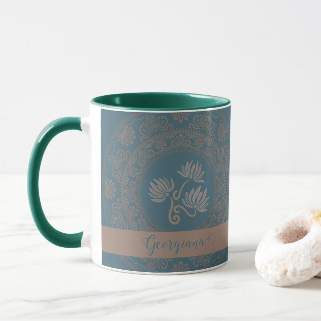 Personalised Golden Teal Rococo Lotus Dot Mandala Mug (With Donut)