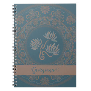 Personalised Golden Teal Rococo Lotus Dot Mandala Notebook