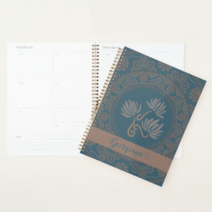 Personalised Golden Teal Rococo Lotus Dot Mandala Planner