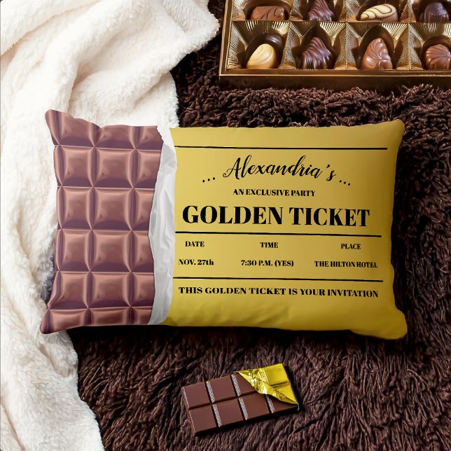 Personalised Golden Ticket Chocolate Bar Lumbar Cushion (Creator Uploaded)