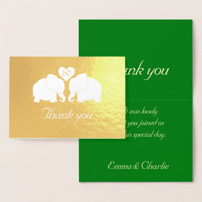 Personalised Golden Wedding Elephants Thank You Foil Card (Display)
