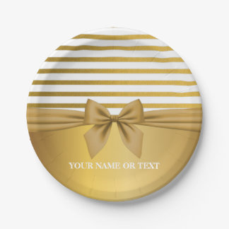 Personalised Golden white Stripes Christmas Bow   Paper Plate