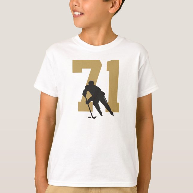 Personalised Golden Youth Hockey Player Number T-Shirt (Front)