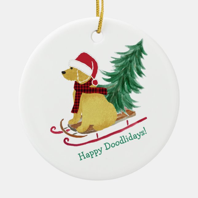 Personalised Goldendoodle Christmas Sled Ceramic Ornament (Front)
