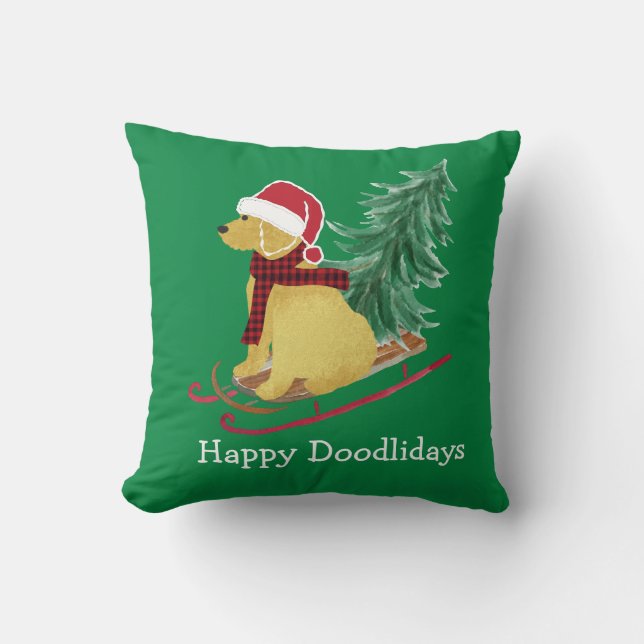 Personalised Goldendoodle Christmas Sled Cushion (Front)