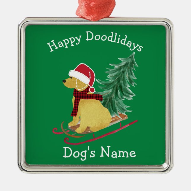 Personalised Goldendoodle Christmas Sled Metal Ornament (Front)