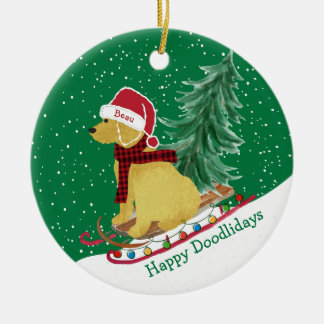 Personalised Goldendoodle Christmas Snow Sled Ceramic Ornament