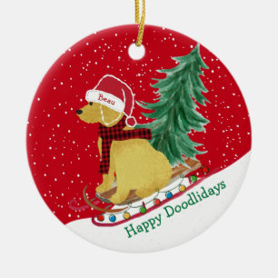 Personalised Goldendoodle Christmas Snow Sled Ceramic Ornament