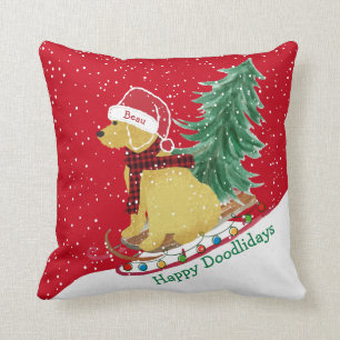 Personalised Goldendoodle Christmas Snow Sled Cushion