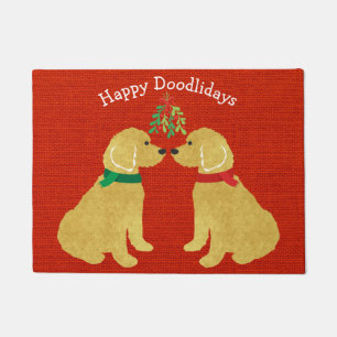 Personalised Goldendoodles Kissing Under Mistletoe Doormat