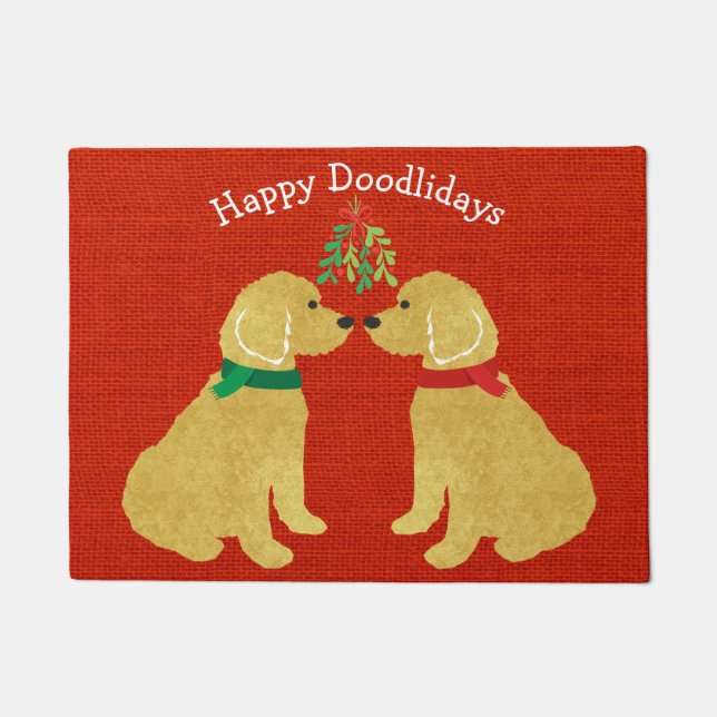 Personalised Goldendoodles Kissing Under Mistletoe Doormat (Front)