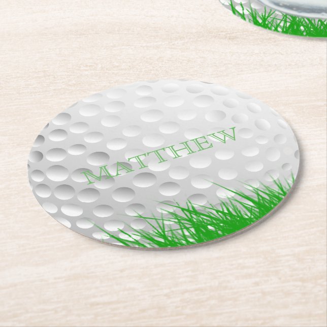 Personalised Golf Ball in Grass Round Paper Coaster (Angled)