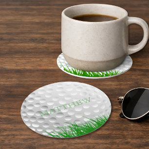 Personalised Golf Ball in Grass Round Paper Coaster