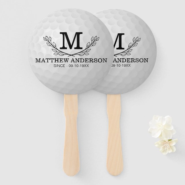 Personalised Golf Ball Pattern Name Monogram Age Hand Fan (Front and Back)