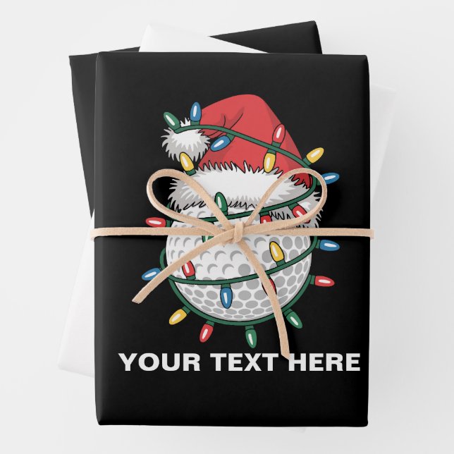 Personalised Golf Ball Santa Hat Christmas Lights Wrapping Paper Sheet (In situ)