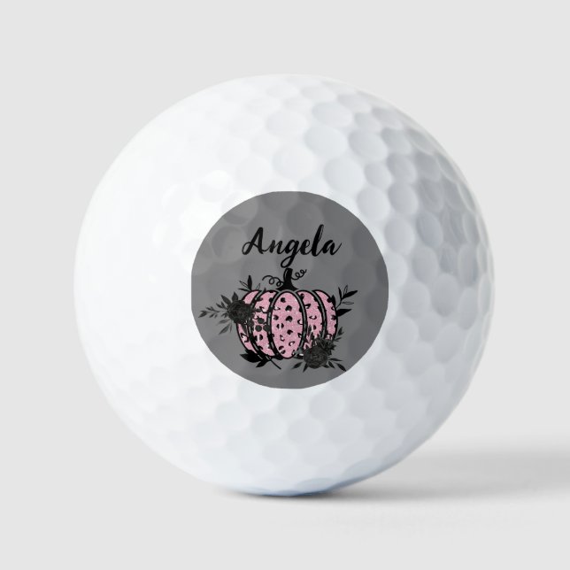 Personalised Golf Balls, Pink and Black Pumpkin Balls (Front)
