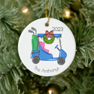 Personalised Golf Cart Christmas Lights Wreath Ceramic Ornament