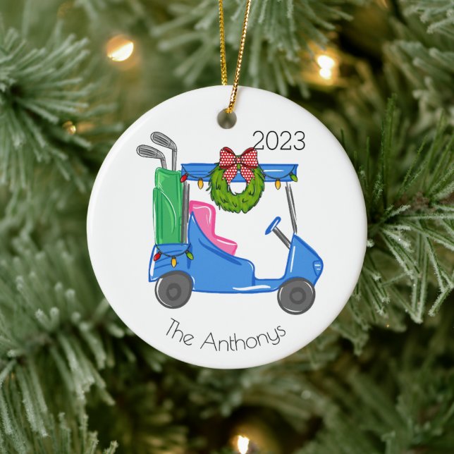 Personalised Golf Cart Christmas Lights Wreath Ceramic Ornament (Tree)