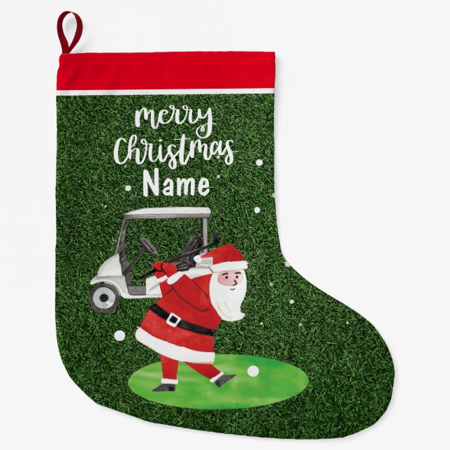 Personalised Golf Christmas Gifts with Santa Claus Large Christmas Stocking (Front)