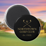Personalised Golf Club Name Black And Gold Magnet<br><div class="desc">Featuring classic crossed golf clubs,  golf ball design,  these golf magnets are ideal for all golf clubs and club members. Personalise with the name of the golf club name and the year the golf club was established. Designed by Thisisnotme©</div>