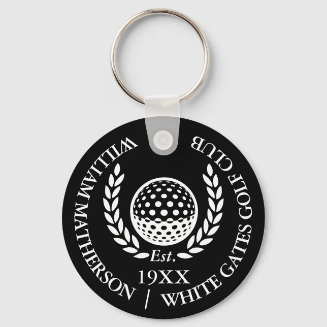 Personalised Golf Club Name Black And White Key Ring (Front)