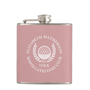 Personalised Golf Club Name Dusty Rose Pink Hip Flask