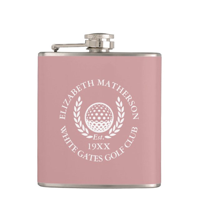 Personalised Golf Club Name Dusty Rose Pink Hip Flask (Front)