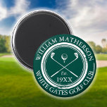 Personalised Golf Club Name Green Magnet<br><div class="desc">Featuring classic crossed golf clubs,  golf ball design,  and aged stamp effect border,  these golf magnets are ideal for all golf clubs and club members. Personalise with the name of the club member,  golf club name and the year the golf club was established. Designed by Thisisnotme©</div>