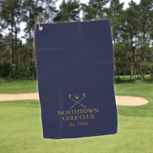 Personalised Golf Club Name Navy Blue And Gold Towel
