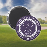 Personalised Golf Club Name Purple Magnet<br><div class="desc">Featuring classic crossed golf clubs,  golf ball design,  and aged stamp effect border,  these navy blue golf magnets are ideal for all golf clubs and club members. Personalise with the name of the club member,  golf club name and the year the golf club was established. Designed by Thisisnotme©</div>