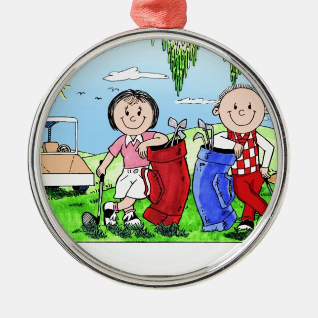 Personalised Golf Couple Cartoon Caricature Metal Tree Decoration (Front)